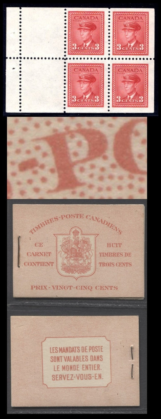 Lot 69 Canada #BK34dF 1942-1947 War Issue, A Complete 25c French Booklet, 2 Panes Of 4+2 Labels 3c Dark Carmine, Front Cover IIo, Type 1B Cover, Misplaced Surcharge Lines On Rate Page, 560,000 Issued