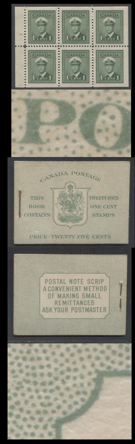 Lot 6 Canada #BK32dE 1942-1947 War Issue, A Complete 25c English Booklet, 4 Panes Of 6 1c Green, Front Cover IIa, Back Cover Cai, Cover Type II, 7c & 6c Rate Page, Postmaster 1 Word, 699,000 Issued