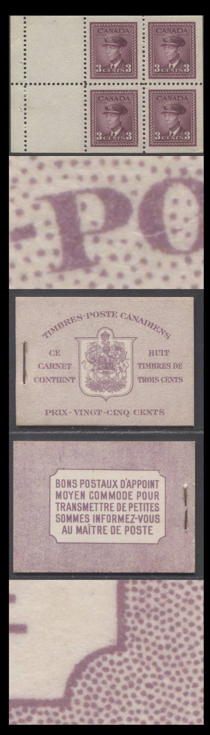 Lot 340 Canada #BK35b 1942-1947 War Issue, A Complete 25c French Booklet, 2 Panes Of 4+2 Labels 3c Rose Violet, Front Cover IIn, Back Cover Di, Type II, Bright Violet Back, 7c & 6c Rates, 61,000 Issued, Paper CBN-UUUUU