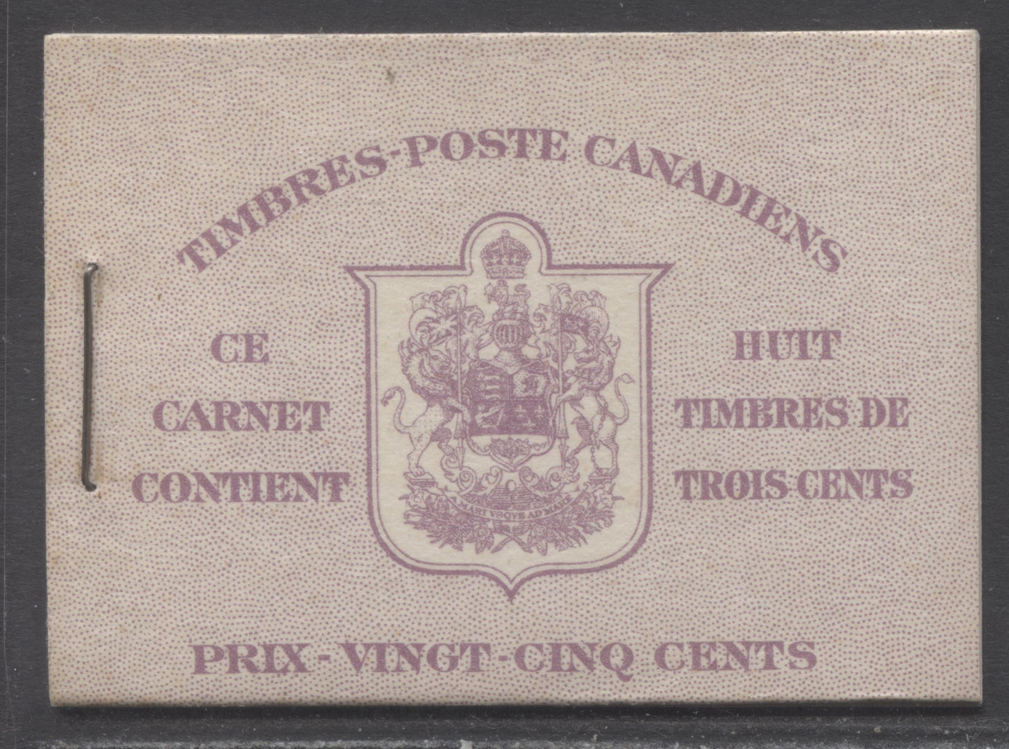 Canada #BK35bFIInDiii 1942-1947 War Issue, A Complete 25c French Booklet, 2 Panes Of 4+2 Labels 3c Rose Violet, Front Cover IIn, Dark Rose Violet Back Cover Diii, Type II, 7c & 6c Rates, 61,000 Issued, Horizontal Ribbed Paper