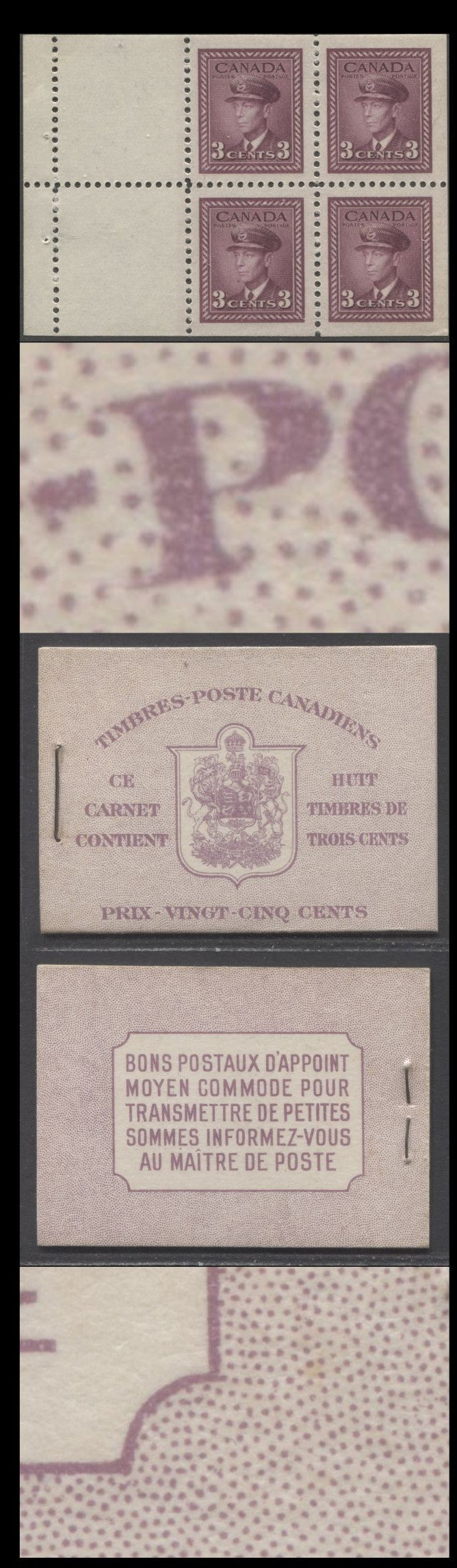 Canada #BK35bF 1942-1947 War Issue, A Complete 25c French Booklet, 2 Panes Of 4+2 Labels 3c Rose Violet, Front Cover IIn, Back Cover Diii, Type II, 7c & 6c Rates, 61,000 Issued