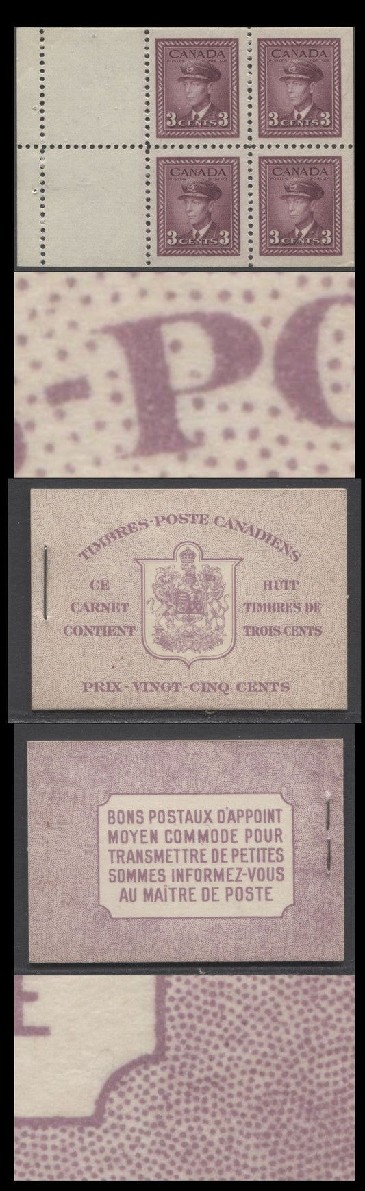 Canada #BK35bFIInDiv 1942-1947 War Issue, A Complete 25c French Booklet, 2 Panes Of 4+2 Labels 3c Rose Violet, Front Cover IIn, Back Cover Div, Type II, Darker Back Cover, 7c & 6c Rates, 61,000 Issued, Horizontal Ribbed Paper
