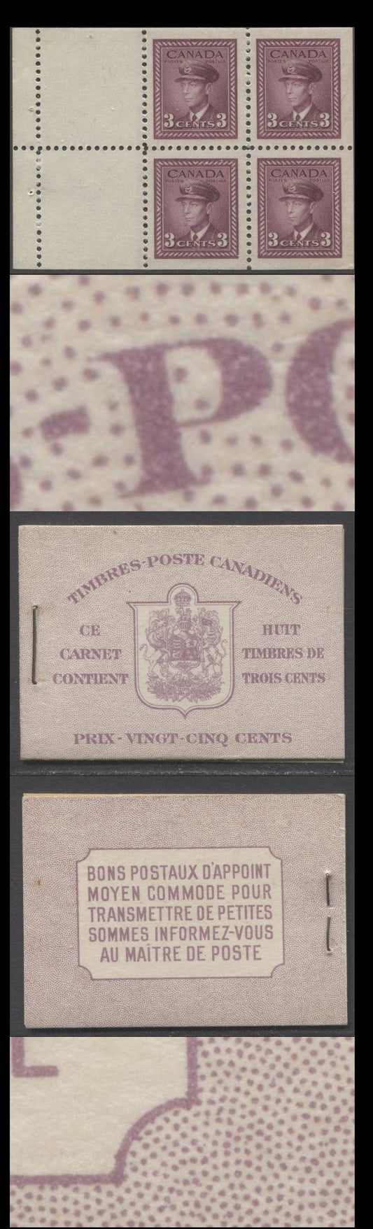 Lot 343 Canada (C) #BK35b IInDiv 1942-1947 War Issue, A Complete 25c French Booklet, 2 Panes Of 4+2 Labels 3c Rose Violet, Front Cover IIn, Back Cover Div, Type II, 7c & 6c Rates, 61,000 Issued, CBN-UUUUU Paper