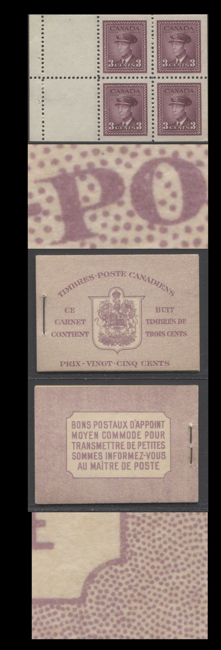 Lot 346 Canada #BK35b IIoDi 1942-1947 War Issue, A Complete 25c French Booklet, 2 Panes Of 4+2 Labels 3c Rose Violet, Front Cover IIo, Dark Rose Violet Back Cover Di, Type II, 7c & 6c Rates, 61,000 Issued, CBN-SSSSS Paper