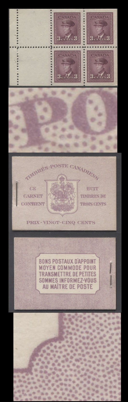 Lot 348 Canada #BK35b IIoDii 1942-1947 War Issue, A Complete 25c French Booklet, 2 Panes Of 4+2 Labels 3c Rose Violet, Front Cover IIo, Dark Rose Violet Back Cover Dii, Type II, 7c & 6c Rates, 61,000 Issued, Paper CBN-SSSSS