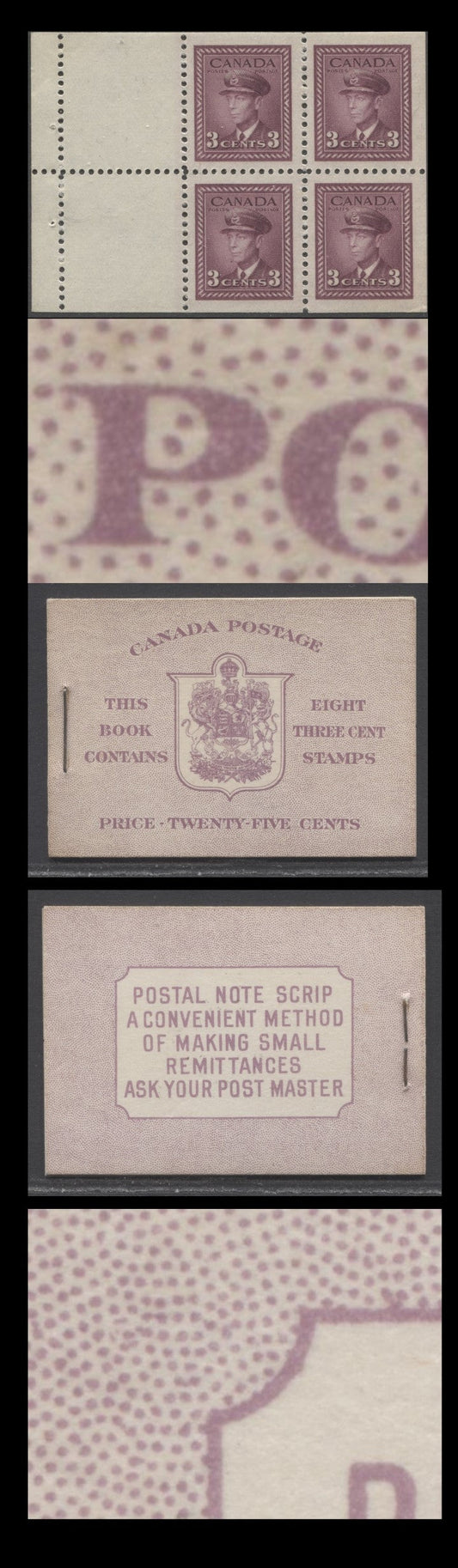 Lot 350 Canada (C) #BK35c IIeCbi 1942-1947 War Issue, A Complete 25c English Booklet, 2 Panes Of 4+2 Labels 3c Rose Violet, Front Cover IIe, Back Cover Cbi, Type IIa, 7c & 6c Rates, 'Post Master' Two Words, 1,201,000 Issued, CBN-BBBBBB Paper