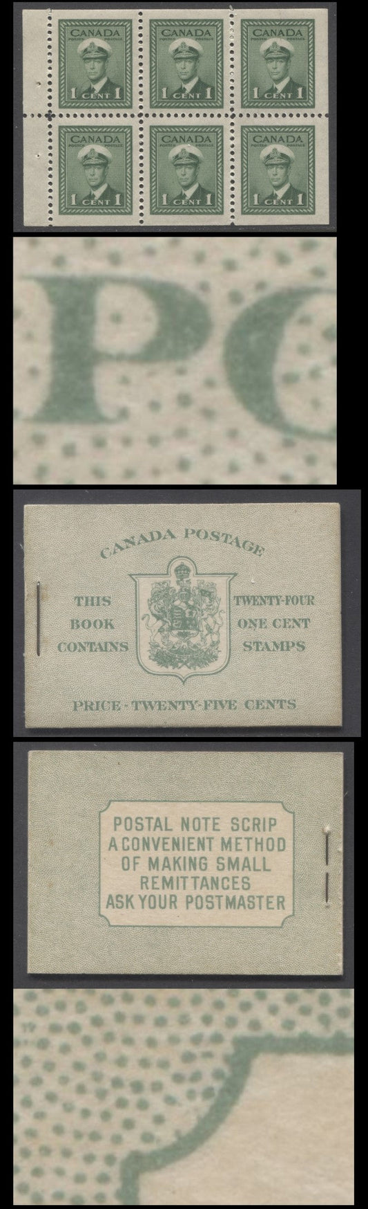 Lot 311 Canada #BK32dEIIaCaiv 1942-1947 War Issue, A Complete 25c English Booklet, 4 Panes Of 6 1c Green, Front Cover IIa, Back Cover Caiv, Cover Type II, 7c & 6c Rate Page, Postmaster 1 Word, CBN-NNNN