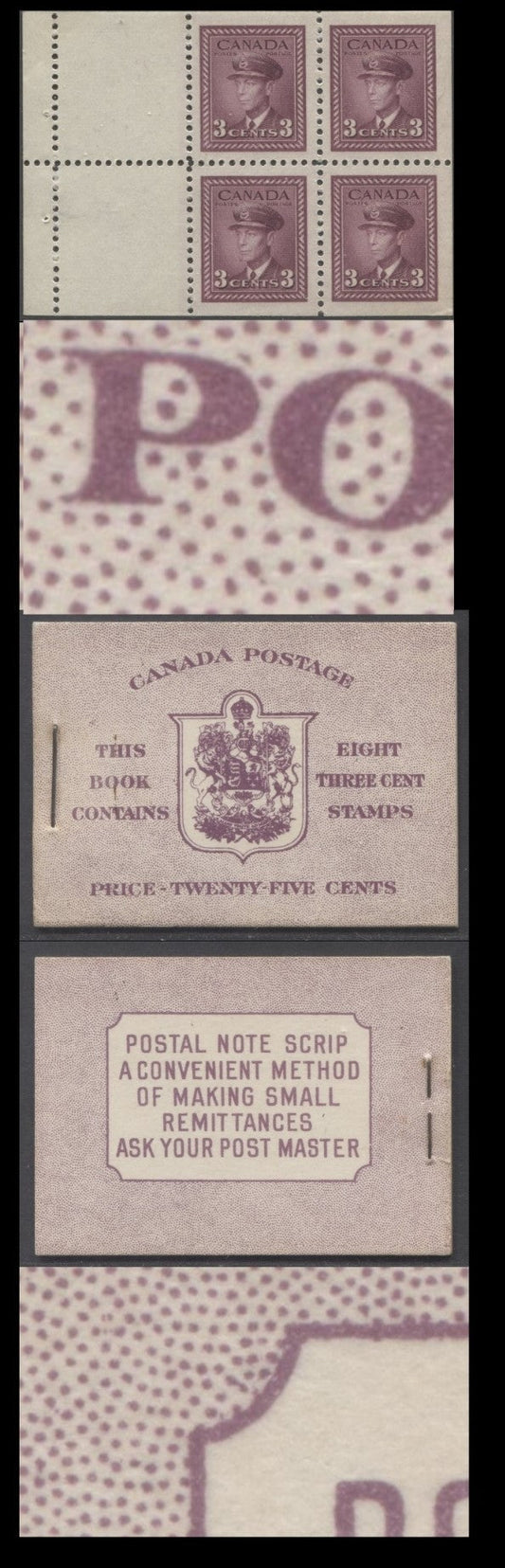 Lot 352 Canada #BK35c IIeCbii 1942-1947 War Issue, A Complete 25c English Booklet, 2 Panes Of 4+2 Labels 3c Rose Violet, Front Cover IIe, Back Cover Cbii, Type IIa, 7c & 6c Rates, 'Post Master' Two Words, 1,201,000 Issued, CBN-SSSSS Paper