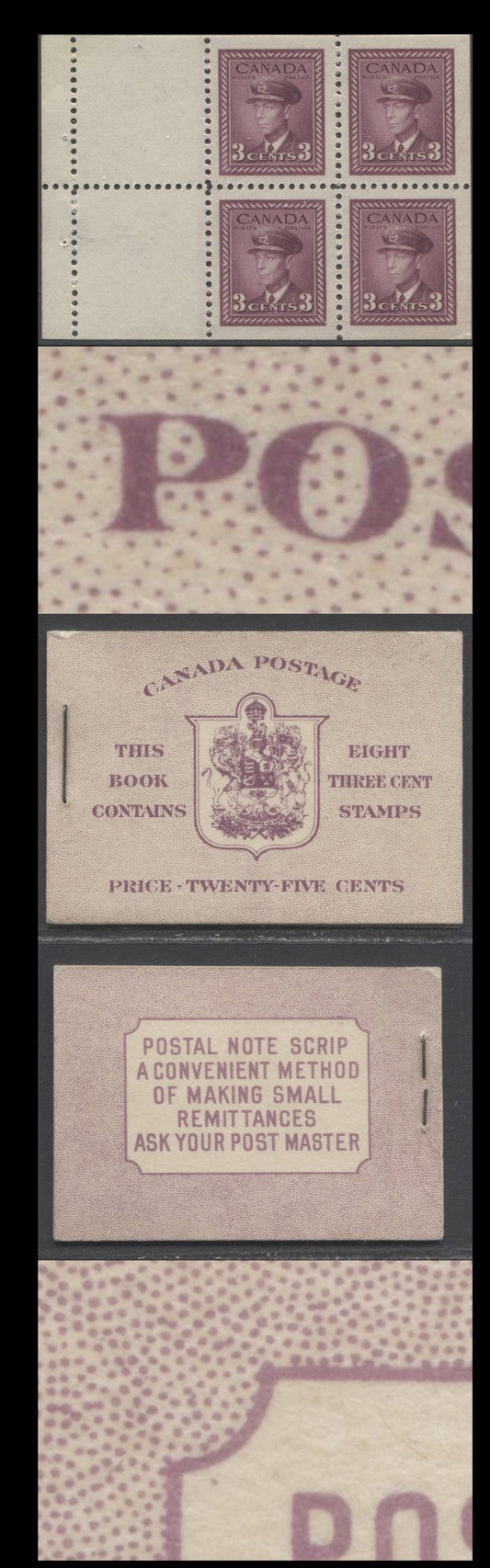 Lot 353 Canada #BK35c IIeCbiii 1942-1947 War Issue, A Complete 25c English Booklet, 2 Panes Of 4+2 Labels 3c Rose Violet, Front Cover IIe, Back Cover Cbiii, Type IIa, 7c & 6c Rates, 'Post Master' Two Words, 1,201,000 Issued, CBN-SSSSS Paper