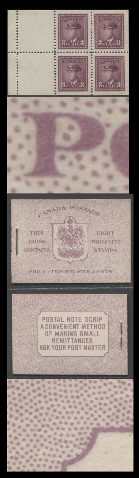 Lot 82 Canada #BK35cE 1942-1947 War Issue, A Complete 25c English Booklet, 2 Panes Of 4+2 Labels 3c Rose Violet, Front Cover IIa, Back Cover Cbiv, Type IIa, 7c & 6c Rates, 'Post Master' Two Words, 1,201,000 Issued