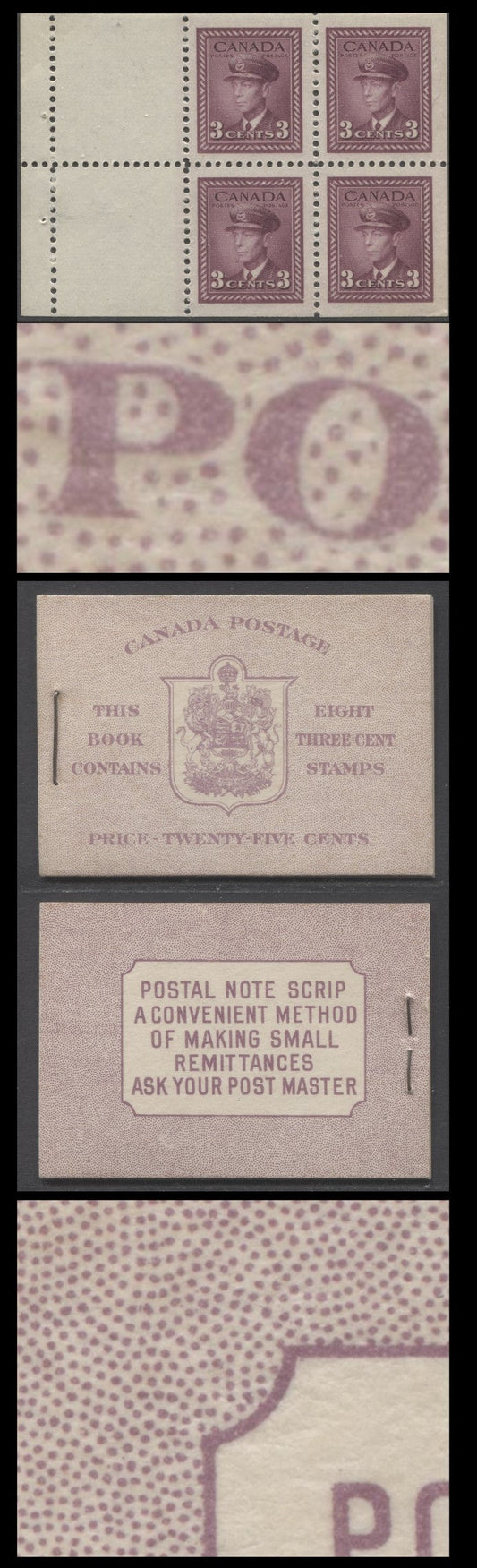 Lot 84 Canada #BK35cE 1942-1947 War Issue, A Complete 25c English Booklet, 2 Panes Of 4+2 Labels 3c Rose Violet, Front Cover IIf, Back Cover Cbii, Type IIa, 7c & 6c Rates, 'Post Master' Two Words, 1,201,000 Issued