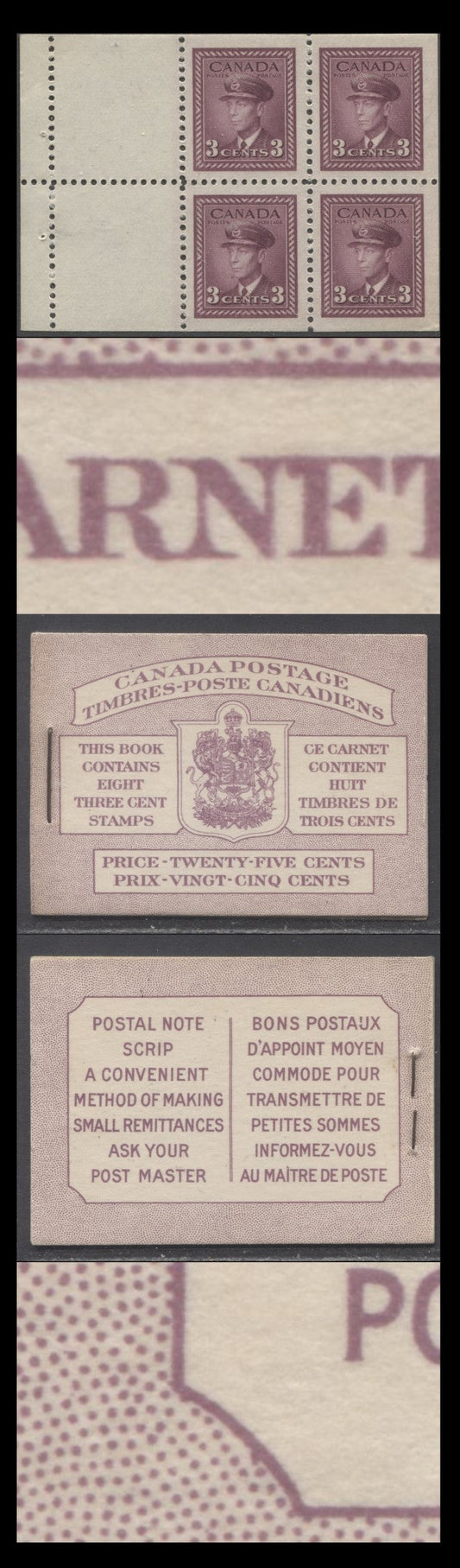 Lot 86 Canada #BK35cB 1942-1947 War Issue, A Complete 25c Bilingual Booklet, 2 Panes Of 4+2 Labels 3c Rose Violet, Front Cover IIIc, Back Cover Fbi, Type IIa, 7c & 6c Rates, 'Post Master' Two Words, 407,000 Issued