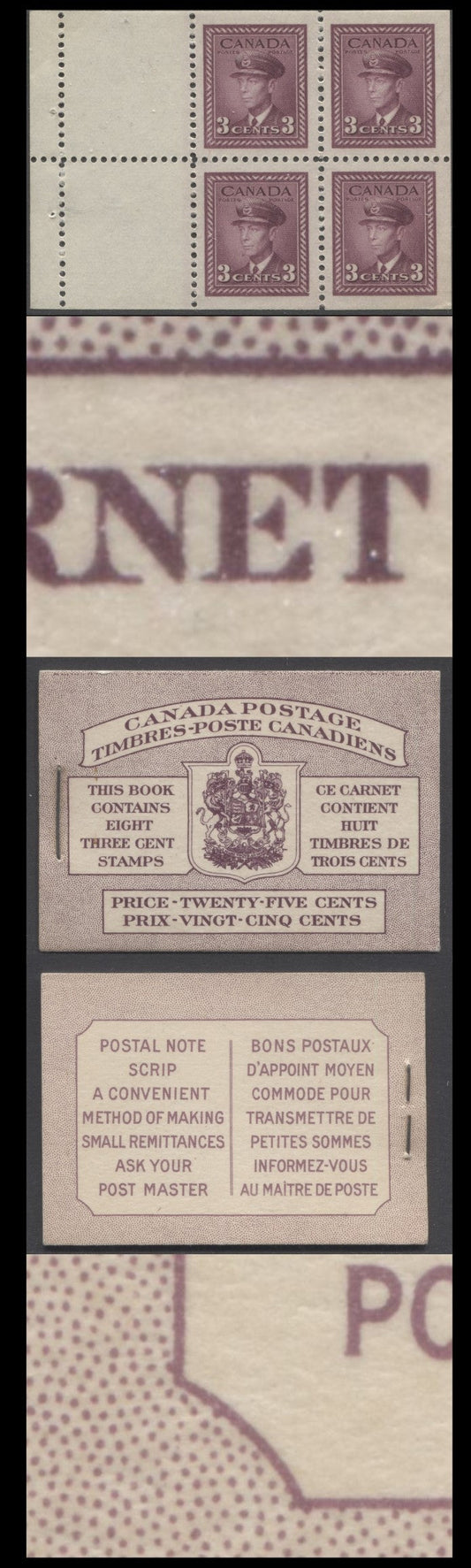 Lot 87 Canada #BK35cB 1942-1947 War Issue, A Complete 25c Bilingual Booklet, 2 Panes Of 4+2 Labels 3c Rose Violet, Front Cover IIId, Back Cover Fbii, Type IIa, Dark Printing, 7c & 6c Rates, 'Post Master' Two Words, 407,000 Issued
