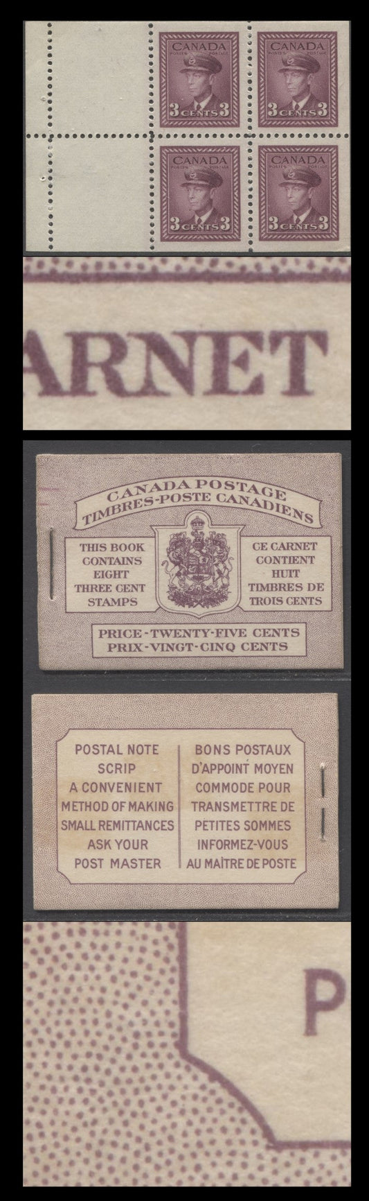 Lot 88 Canada #BK35cB 1942-1947 War Issue, A Complete 25c Bilingual Booklet, 2 Panes Of 4+2 Labels 3c Rose Violet, Front Cover IIId, Back Cover Fbii, Type IIa, 7c & 6c Rates, 'Post Master' Two Words, 407,000 Issued