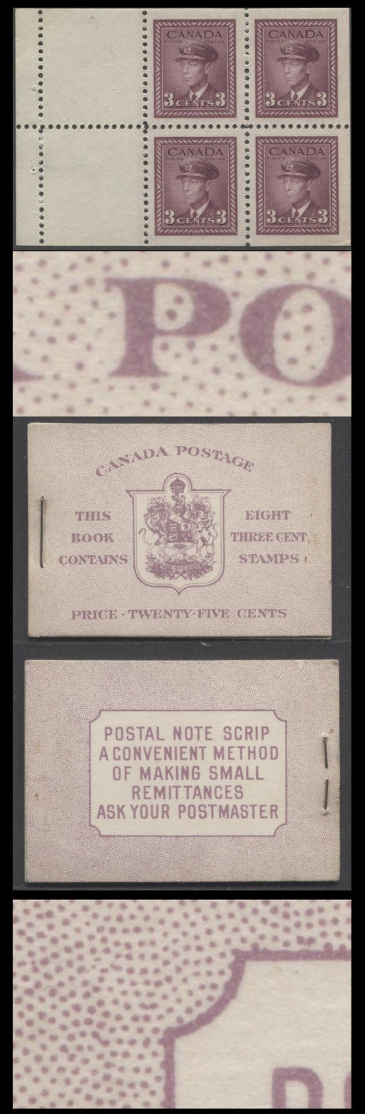 Lot 89 Canada #BK35dE 1942-1947 War Issue, A Complete 25c English Booklet, 2 Panes Of 4+2 Labels 3c Rose Violet, Front Cover IIe, Back Cover Cai, Type II, 7c & 5c Rates Page, 1,201,000 Issued