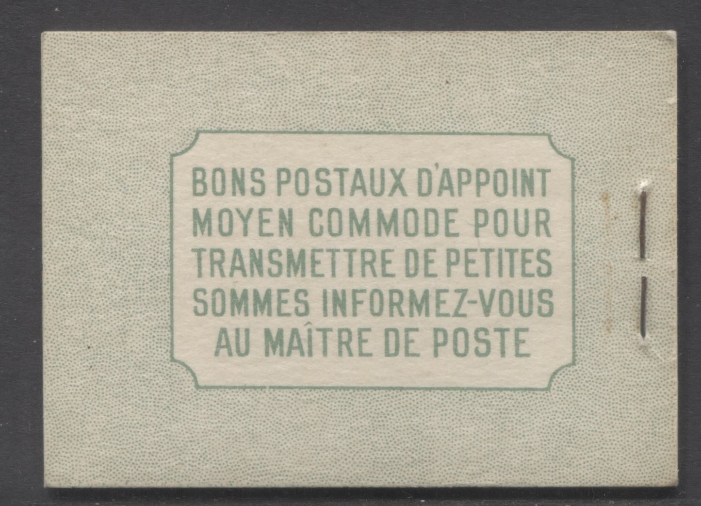 Lot 9 Canada #BK32dF 1942-1947 War Issue, A Complete 25c French Booklet, 4 Panes Of 6 1c Green, Front Cover IIj, Back Cover Di, Cover Type II, 7c & 6c Rate Page, Vertical Cutting Guideline At Upper Left Of Front Cover, 145,000 Issued