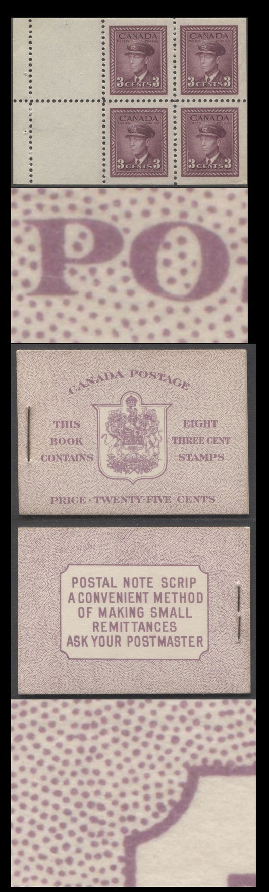 Lot 90 Canada #BK35dE 1942-1947 War Issue, A Complete 25c English Booklet, 2 Panes Of 4+2 Labels 3c Rose Violet, Front Cover IIe, Back Cover Caii, Type II, 7c & 5c Rates Page, 1,201,000 Issued