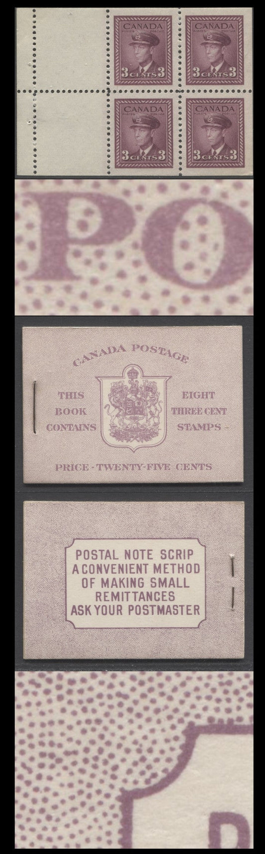 Lot 91 Canada #BK35dE 1942-1947 War Issue, A Complete 25c English Booklet, 2 Panes Of 4+2 Labels 3c Rose Violet, Front Cover IIe, Back Cover Caiii, Type II, 7c & 5c Rates Page, 1,201,000 Issued