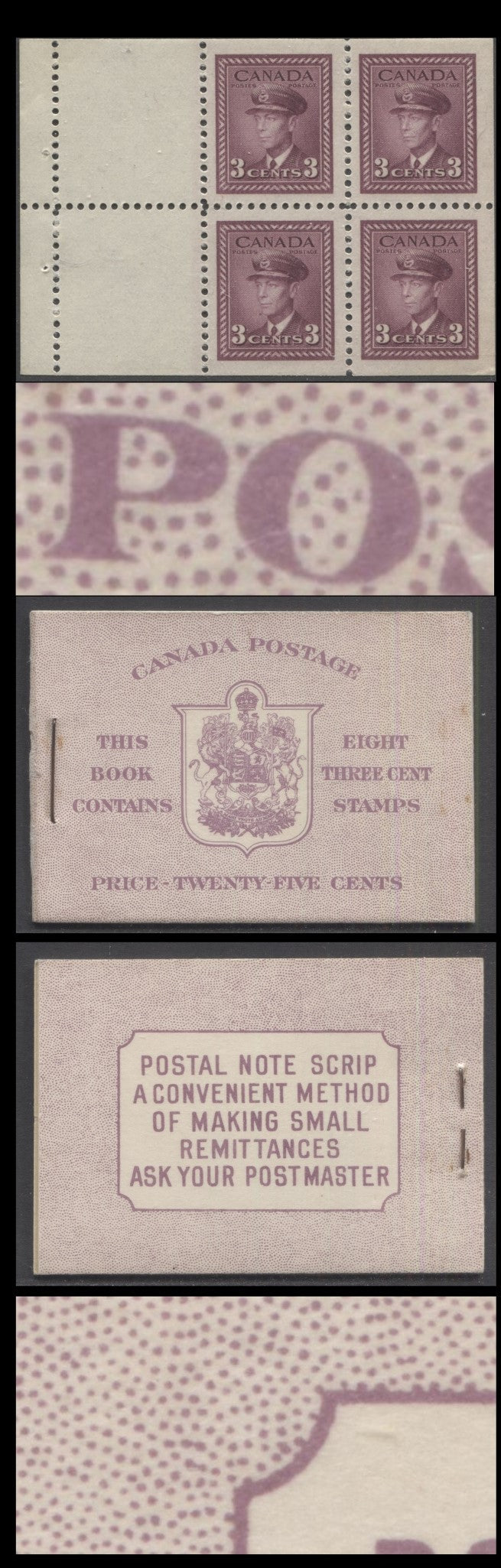 Lot 93 Canada #BK35dE 1942-1947 War Issue, A Complete 25c English Booklet, 2 Panes Of 4+2 Labels 3c Rose Violet, Front Cover IIf, Back Cover Caii, Type II, 7c & 5c Rates Page, 1,201,000 Issued