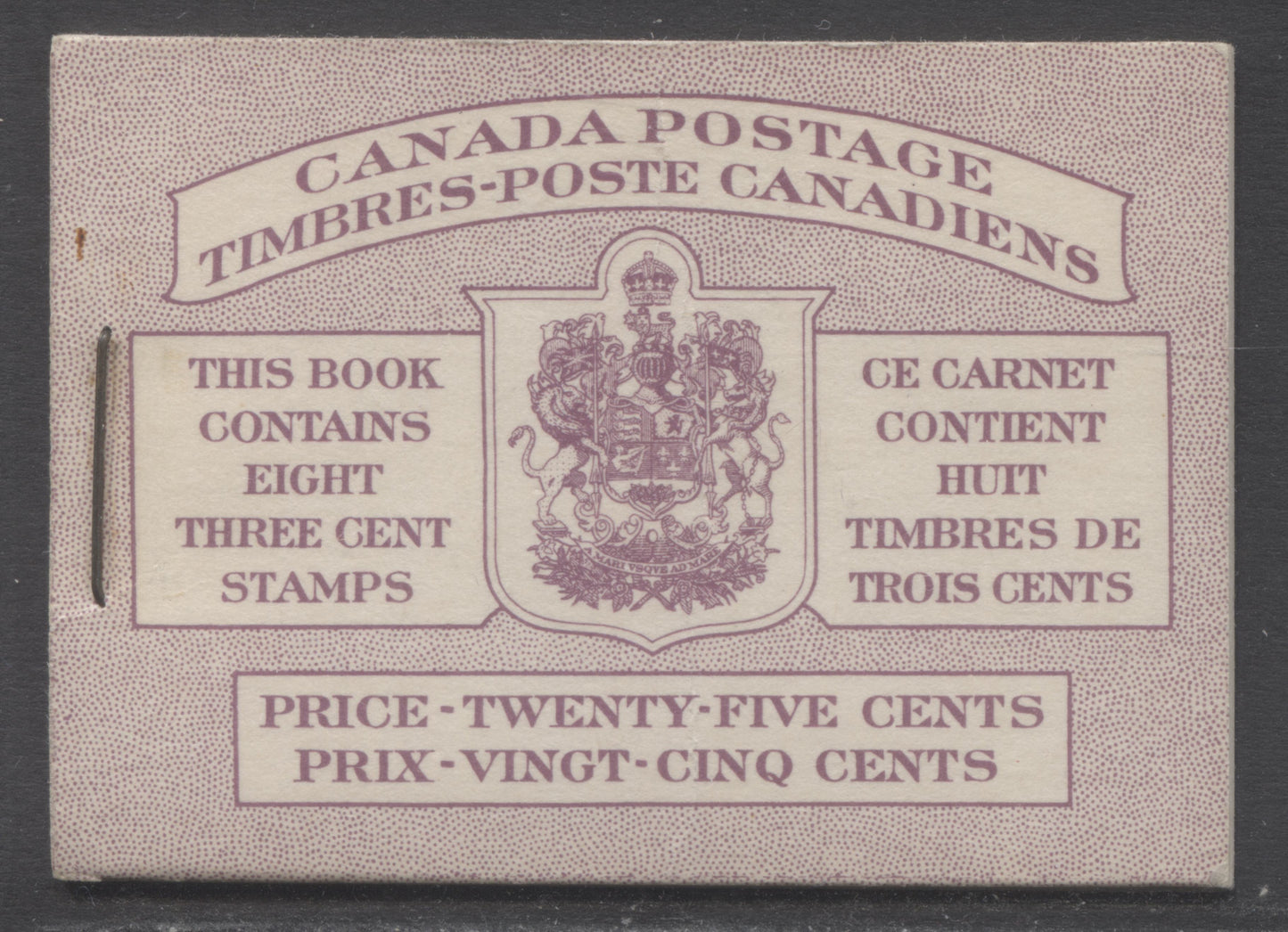 Lot 96 Canada #BK35dB 1942-1947 War Issue, A Complete 25c Bilingual Booklet, 2 Panes Of 4+2 Labels 3c Rose Violet, Front Cover IIIc, Back Cover Fai, Type II, 7c & 5c Rates Page, 407,000 Issued