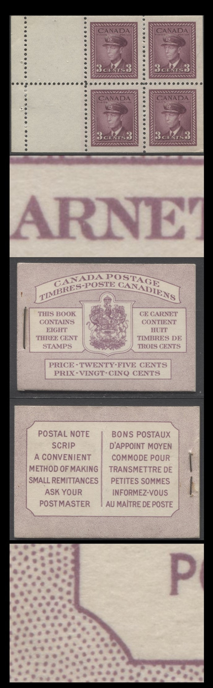 Lot 96 Canada #BK35dB 1942-1947 War Issue, A Complete 25c Bilingual Booklet, 2 Panes Of 4+2 Labels 3c Rose Violet, Front Cover IIIc, Back Cover Fai, Type II, 7c & 5c Rates Page, 407,000 Issued