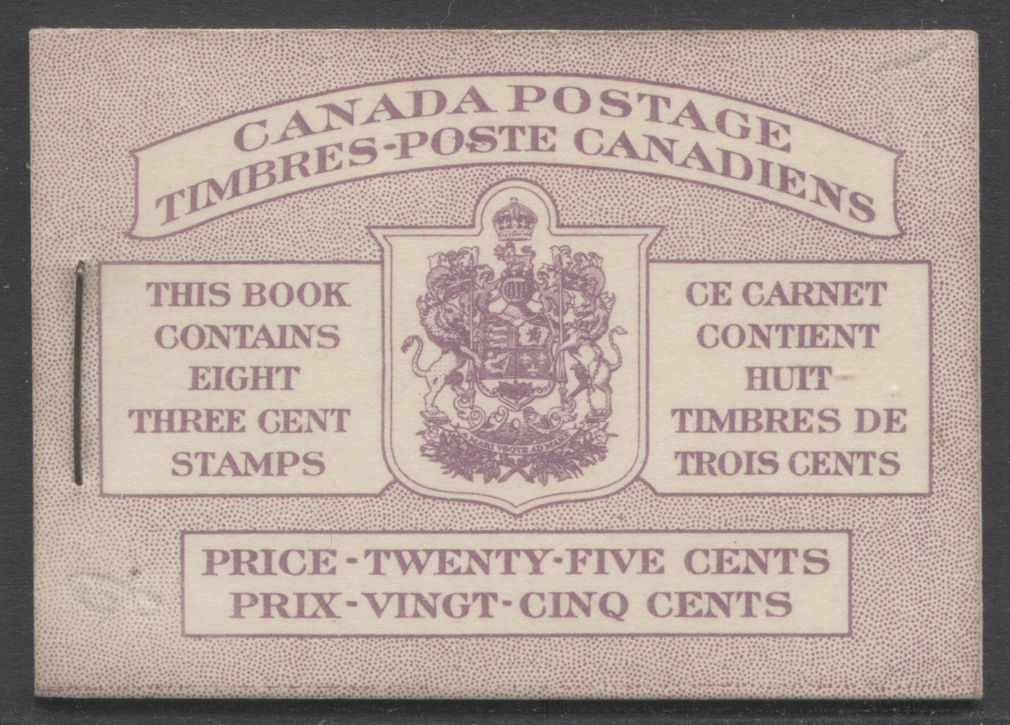 Lot 96A Canada #BK35dB 1942-1947 War Issue, A Complete 25c Bilingual Booklet, 2 Panes Of 4+2 Labels 3c Rose Violet, Front Cover IIId, Back Cover Fai, Type II, 7c & 5c Rates Page, 407,000 Issued