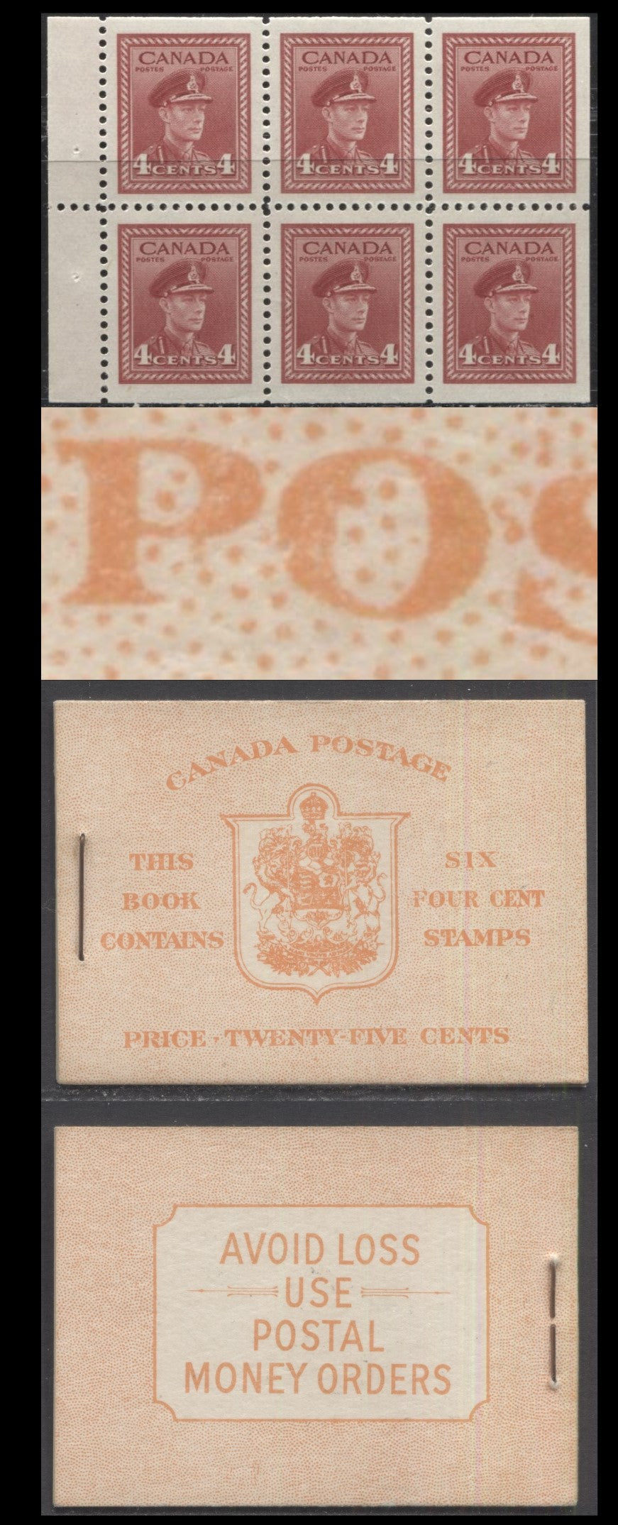 Lot 98 Canada #BK41bE 1949-1952 Postes-Postage Issue, A Complete 25c English Booklet, A Pane Of 6 4c Dark Carmine, Front Cover IIi, Type IA, No Rate Page, 450,000 Issued