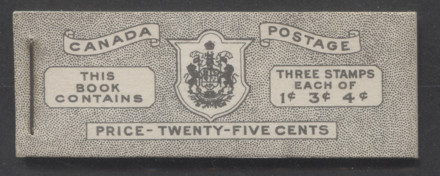 Canada #BK38aEIVcHaii 1942-1947 War Issue, A Complete 25c English Booklet With 1c Green, 3c Rose Violet & Dark Carmine, Panes Of 3. Front Cover IVc, Back Cover Haii, Type II Cover, 7c & 6c Rates, 'Postmaster', Horiz. Ribbed Paper