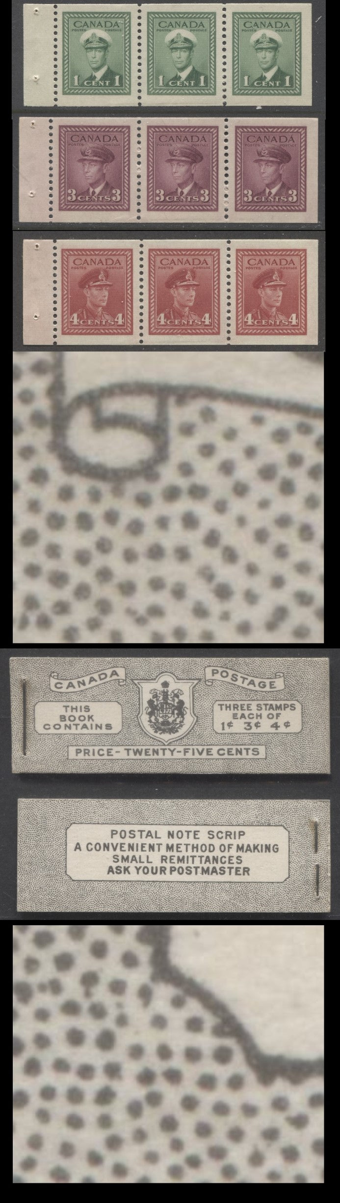 Canada #BK38aEIVcHaii 1942-1947 War Issue, A Complete 25c English Booklet With 1c Green, 3c Rose Violet & Dark Carmine, Panes Of 3. Front Cover IVc, Back Cover Haii, Type II Cover, 7c & 6c Rates, 'Postmaster', Horiz. Ribbed Paper