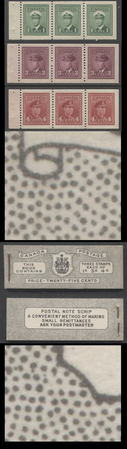 Canada #BK38aEIVcHaii 1942-1947 War Issue, A Complete 25c English Booklet With 1c Green, 3c Rose Violet & Dark Carmine, Panes Of 3. Front Cover IVc, Back Cover Haii, Type II Cover, 7c & 6c Rates, 'Postmaster', Horiz. Ribbed Paper