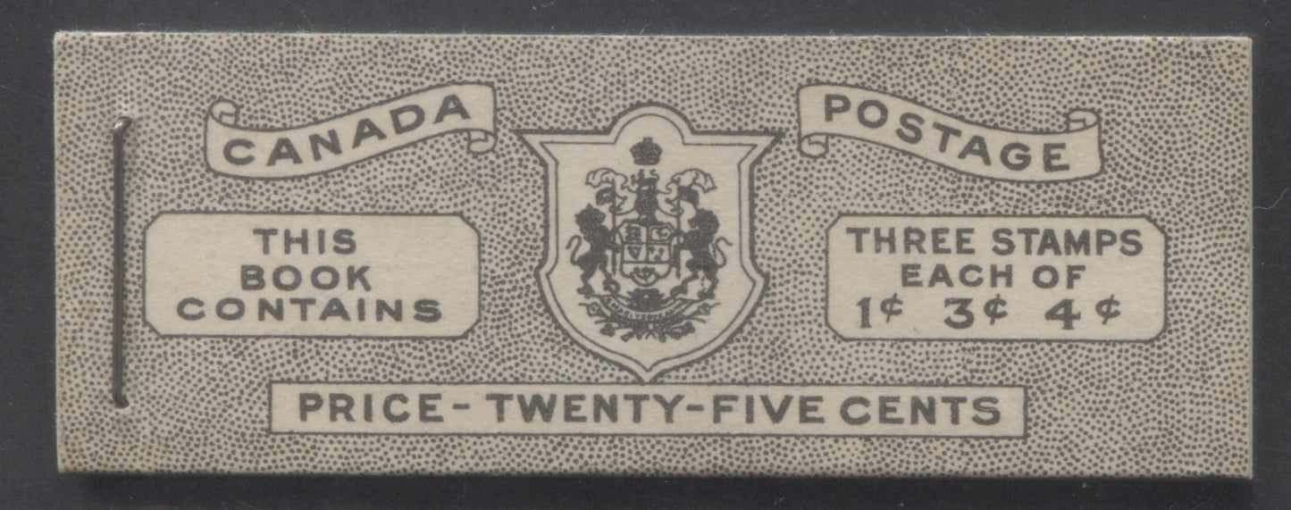 Canada #BK38aE 1942-1947 War Issue, A Complete 25c English Booklet With 1c Green, 3c Rose Violet & Dark Carmine, Panes Of 3. Front Cover IVc, Back Cover Haiii, Type II Cover, 7c & 6c Rates, 'Postmaster' , 5,464,000 Issued