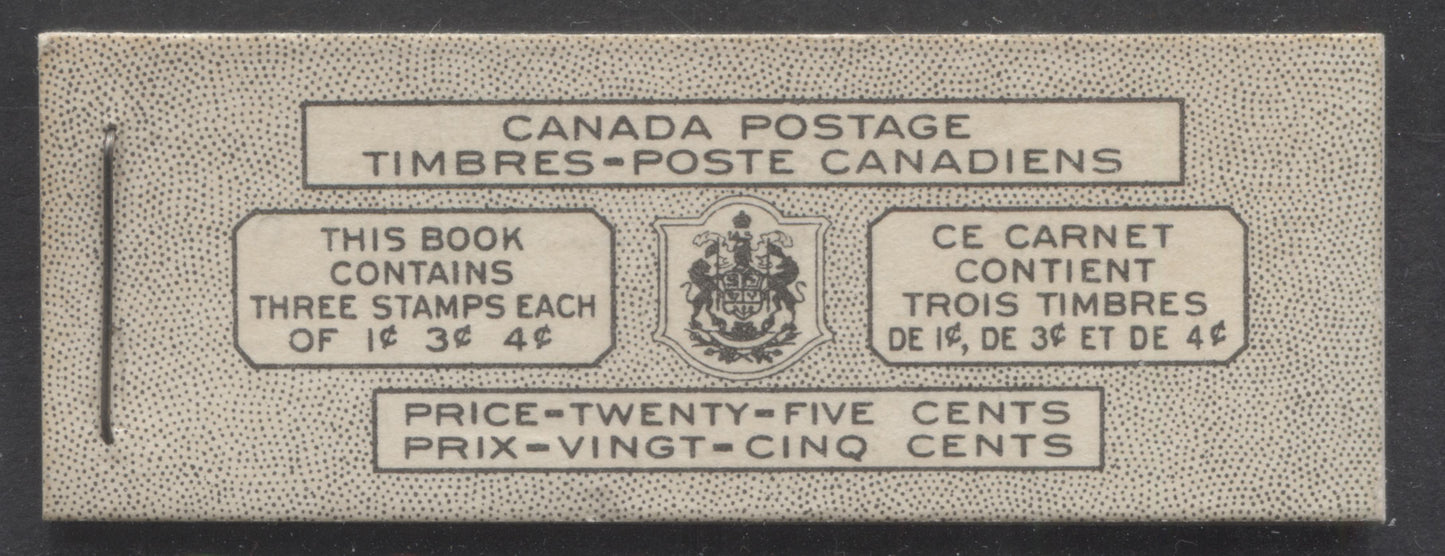 Canada #BK43aB 1949-1951 KGVI Issue, A Complete 25c Bilingual Booklet With 1c Green, 3c Rose Violet & 4c Dark Carmine, Panes Of 3. Front Cover VIc, Back Cover Kav, Type I Cover, 7c & 5c Rates, 332,950 Issued