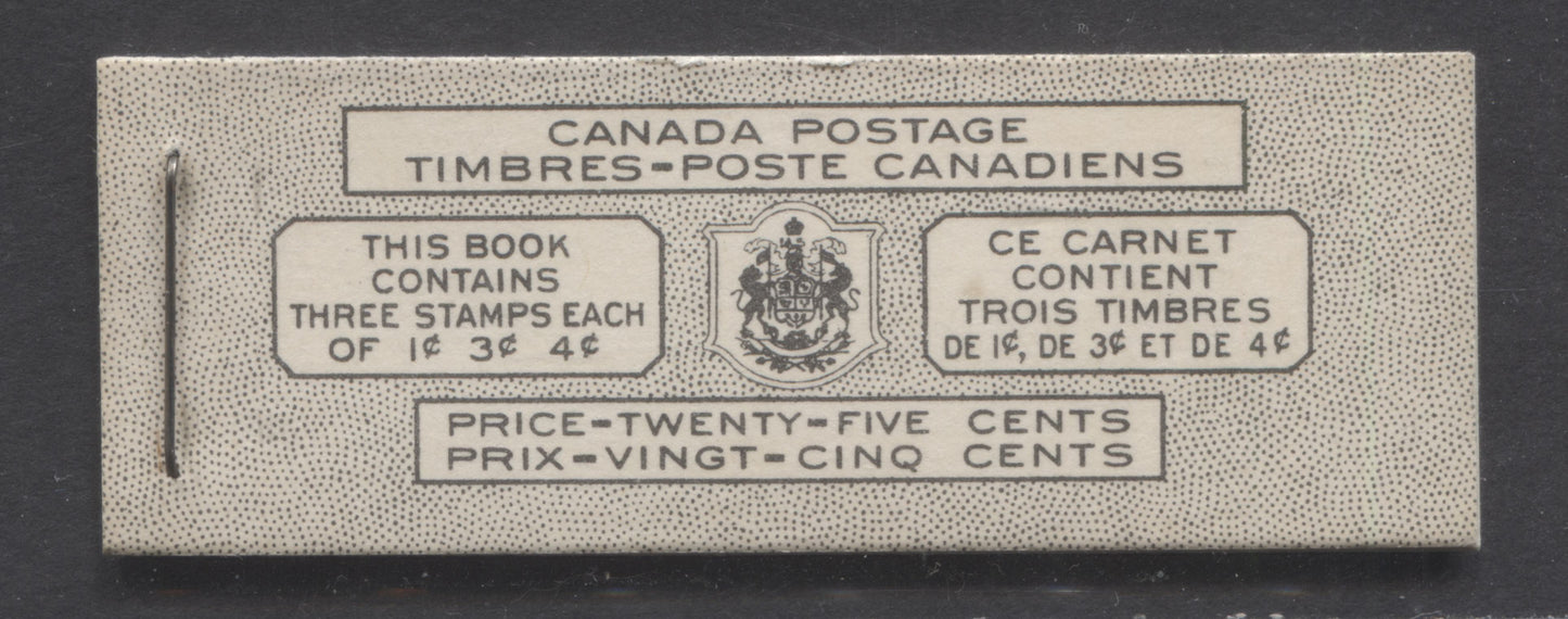 Canada #BK43aB 1949-1951 KGVI Issue, A Complete 25c Bilingual Booklet With 1c Green, 3c Rose Violet & 4c Dark Carmine, Panes Of 3. Front Cover VIi, Back Cover Kavii, Type I Cover, 7c & 5c Rates, 332,950 Issued