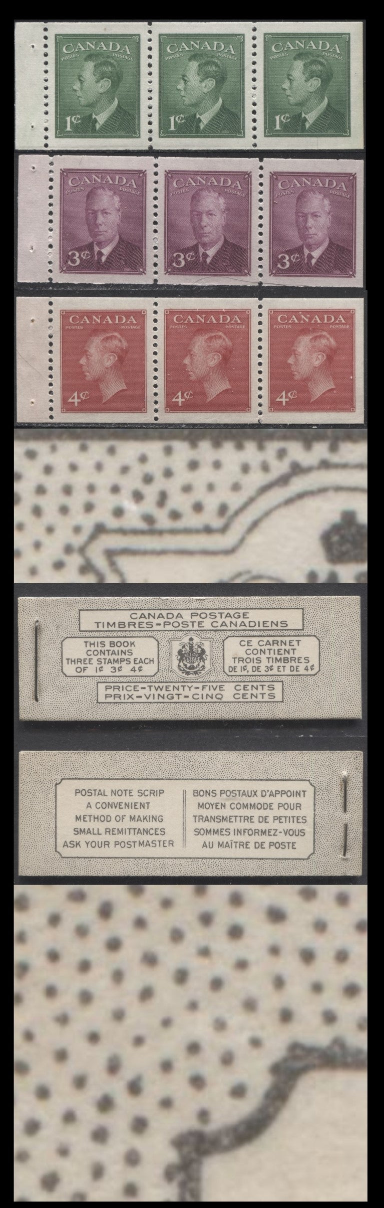 Canada #BK43aB 1949-1951 KGVI Issue, A Complete 25c Bilingual Booklet With 1c Green, 3c Rose Violet & 4c Dark Carmine, Panes Of 3. Front Cover VIi, Back Cover Kavii, Type I Cover, 7c & 5c Rates, 332,950 Issued