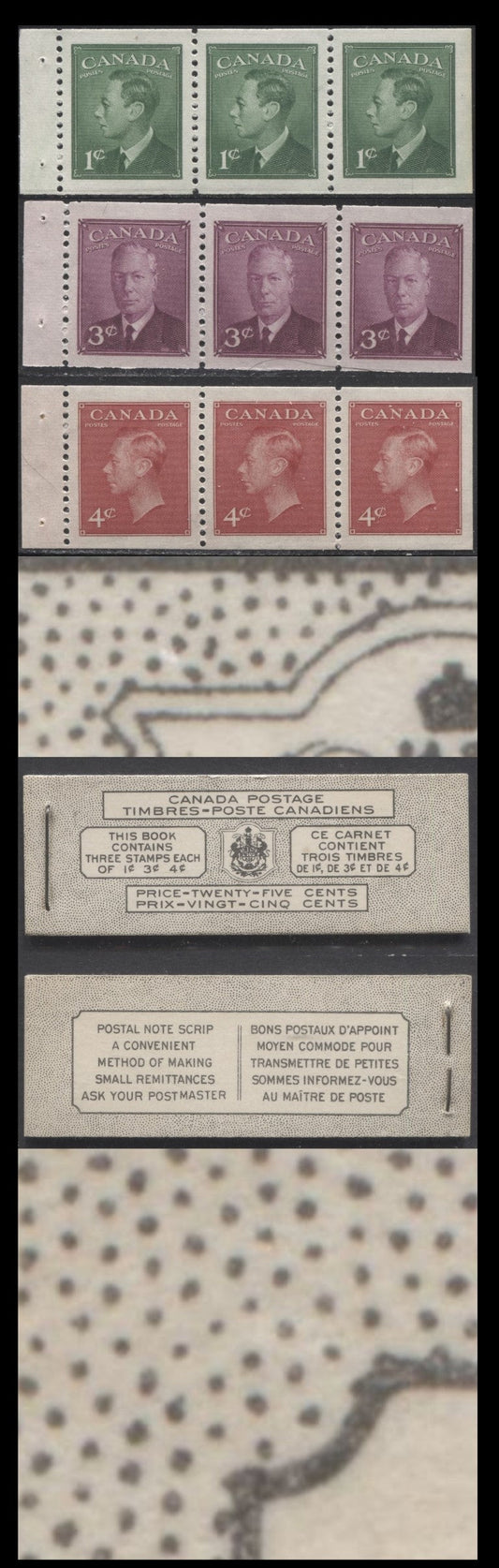 Canada #BK43aB 1949-1951 KGVI Issue, A Complete 25c Bilingual Booklet With 1c Green, 3c Rose Violet & 4c Dark Carmine, Panes Of 3. Front Cover VIi, Back Cover Kavii, Type I Cover, 7c & 5c Rates, 332,950 Issued