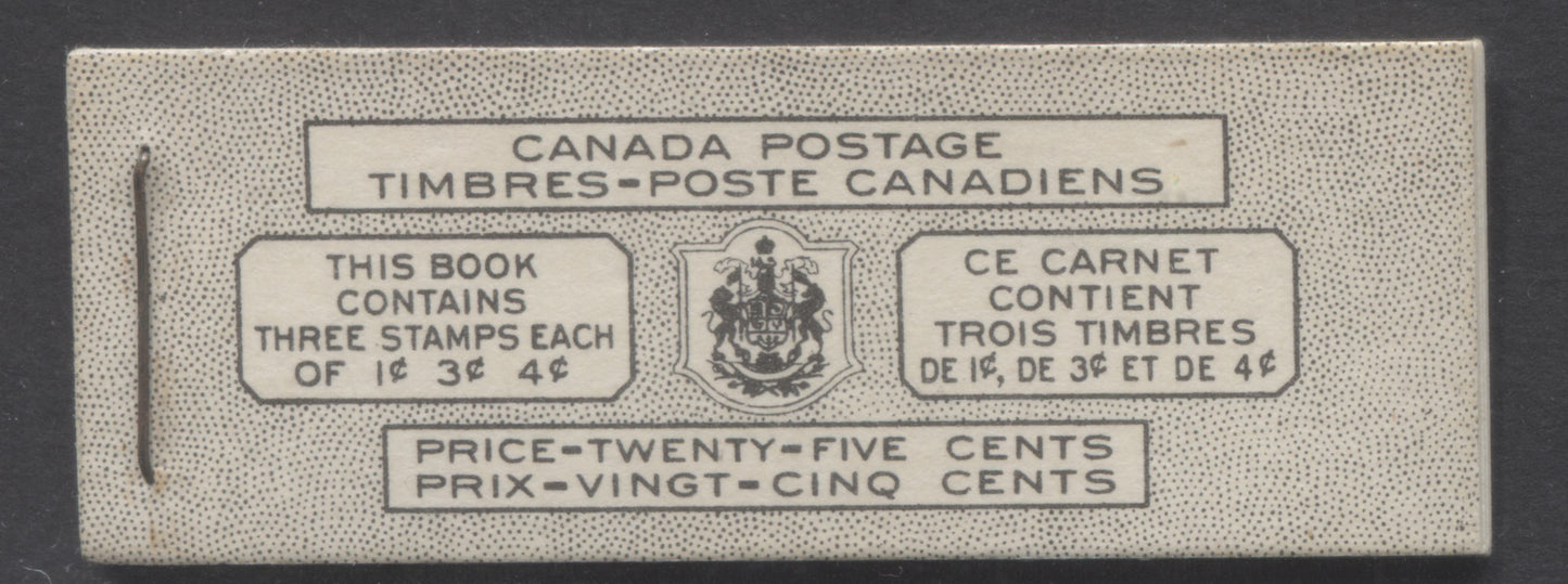 Canada #BK43aB 1949-1951 KGVI Issue, A Complete 25c Bilingual Booklet With 1c Green, 3c Rose Violet & 4c Dark Carmine, Panes Of 3. Front Cover VIj, Back Cover Kaii, Type I Cover, 7c & 5c Rates, 332,950 Issued