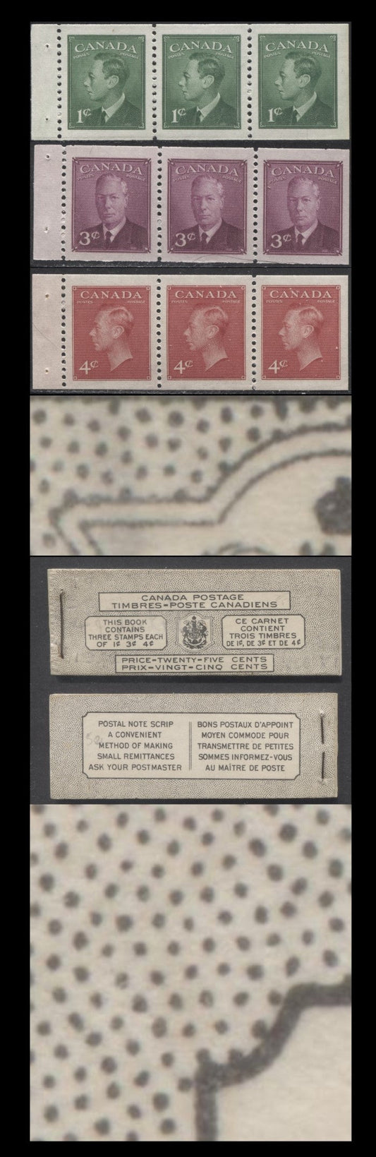 Canada #BK43aB 1949-1951 KGVI Issue, A Complete 25c Bilingual Booklet With 1c Green, 3c Rose Violet & 4c Dark Carmine, Panes Of 3. Front Cover VIn, Back Cover Kaxiv, Type I Cover, 7c & 5c Rates, 332,950 Issued