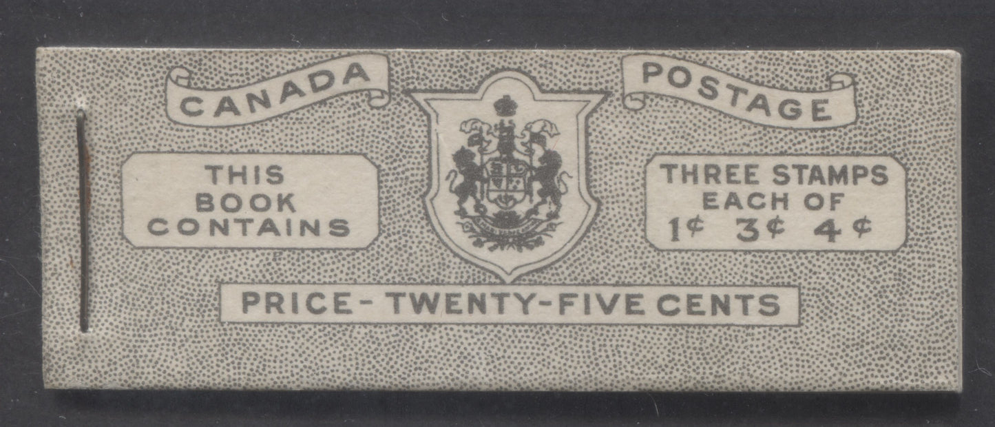 Lot 241 Canada #BK38aEIVdHai 1942-1947 War Issue, A Complete 25c English Booklet With 1c Green, 3c Rose Violet & Dark Carmine, Panes Of 3. Front Cover IVd, Back Cover Hai, Type II Cover, 7c & 6c Rates, 'Postmaster', Horiz. Ribbed Paper