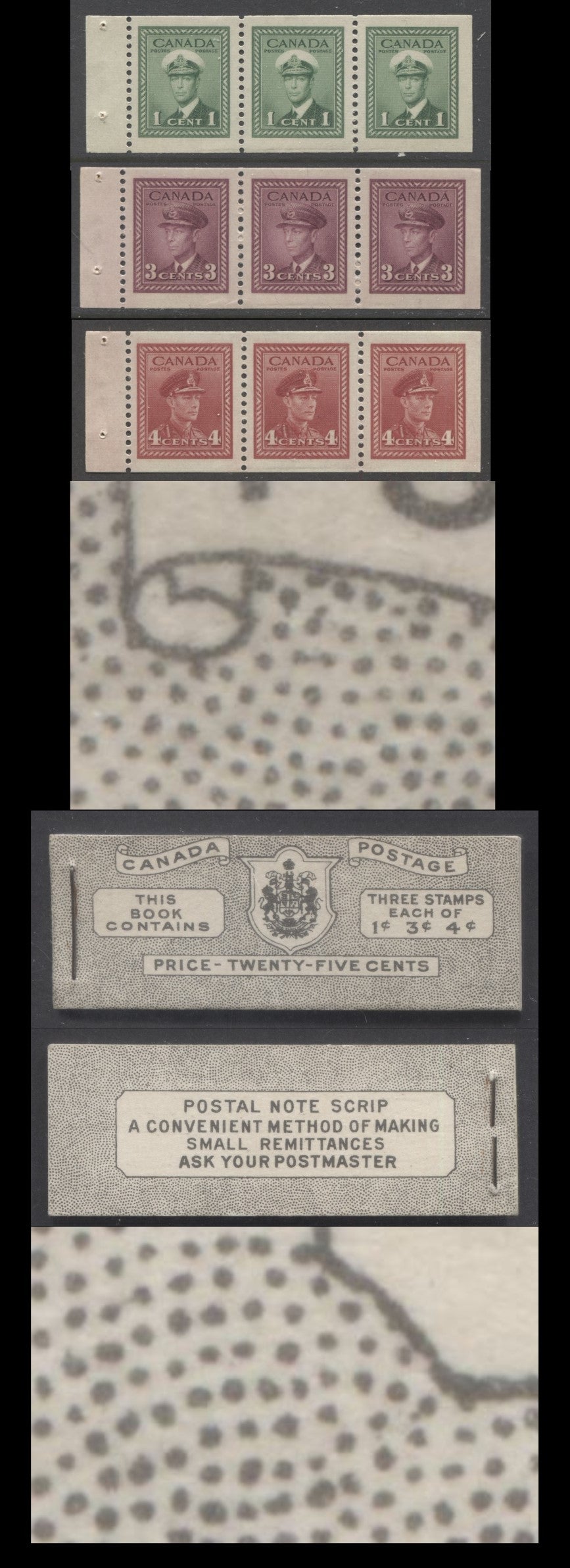 Lot 241 Canada #BK38aEIVdHai 1942-1947 War Issue, A Complete 25c English Booklet With 1c Green, 3c Rose Violet & Dark Carmine, Panes Of 3. Front Cover IVd, Back Cover Hai, Type II Cover, 7c & 6c Rates, 'Postmaster', Horiz. Ribbed Paper