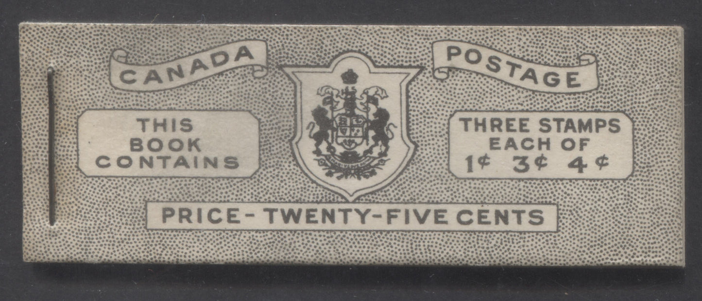 Canada #BK38aE 1942-1947 War Issue, A Complete 25c English Booklet With 1c Green, 3c Rose Violet & Dark Carmine, Panes Of 3. Front Cover IVd, Back Cover Haii, Type II Cover, 7c & 6c Rates, 'Postmaster' , 5,464,000 Issued