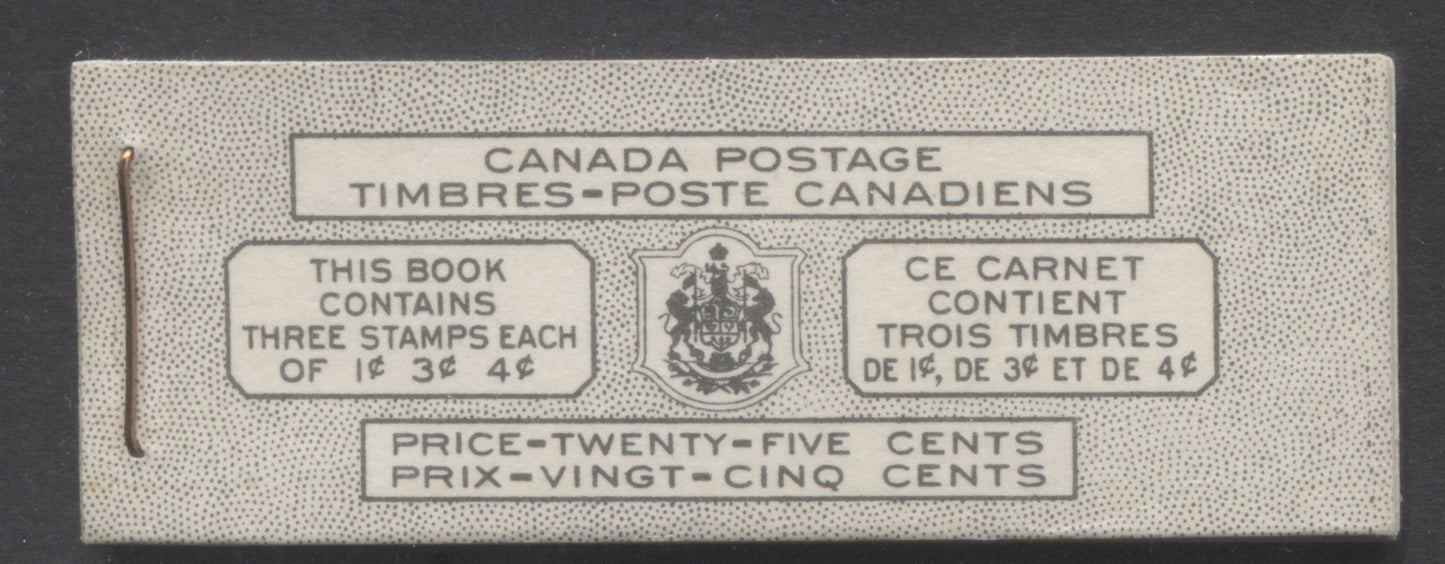 Canada #BK44aB 1949-1951 KGVI Issue, A Complete 25c Bilingual Booklet With 1c Green, 3c Rose Violet & 4c Orange, Panes Of 3. Front Cover VIj, Back Cover Lii, Type II Cover, No Rate Page, 204,875 Issued