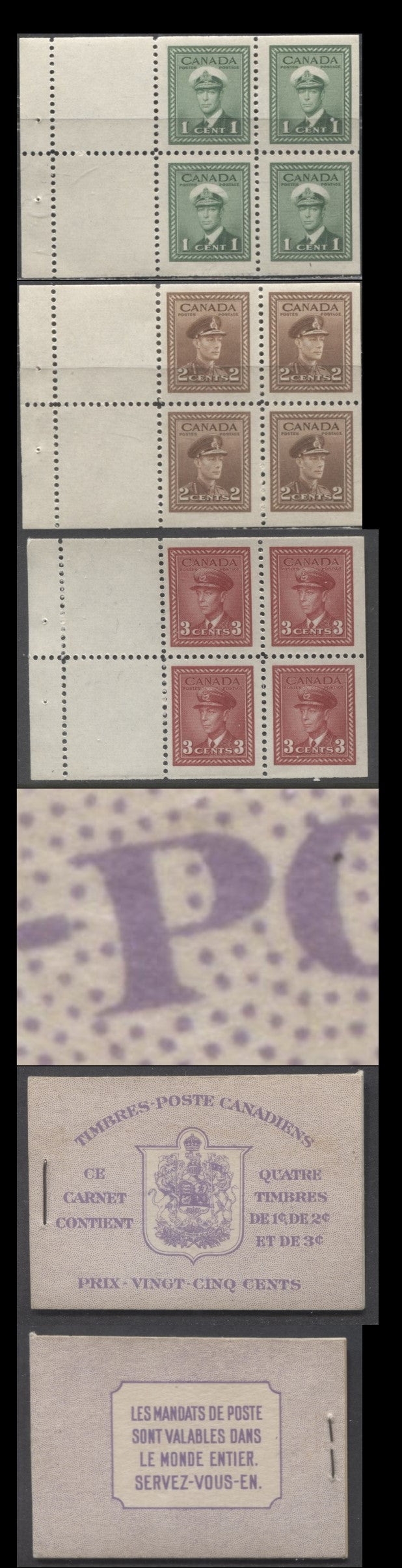 Lot 169 Canada #BK37cF (McCann) 1942-1947 War Issue, A Complete 25c French Booklet With 1c Green, 2c Brown & 3c Dark Brown, Panes Of 4+2 Labels. Front Cover IIp, Cover B, Type I Cover, 6c Airmail Rate Page, 14mm Staple, 102,000 Issued