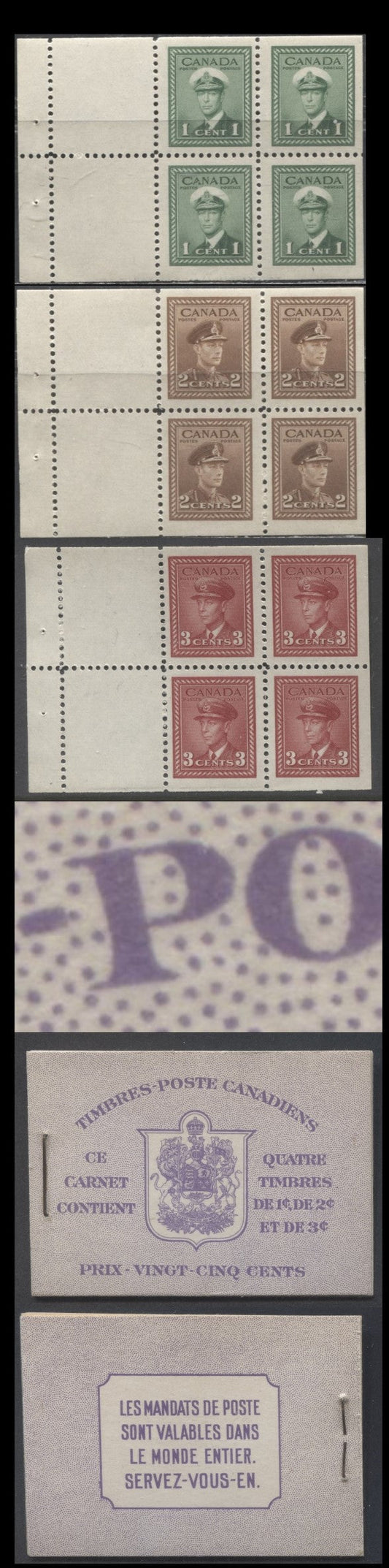 Lot 350 Canada #BK37e (BK37fE McCann) 1942-1947 War Issue, A Complete 25c French Booklet With 1c Green, 2c Brown & 3c Dark Carmine, Panes Of 4+2 Labels. Front Cover IIp, Cover B, Type I Cover, Surcharged Rate Page, 102,000 Issued, CBN-ZZZZZ Paper