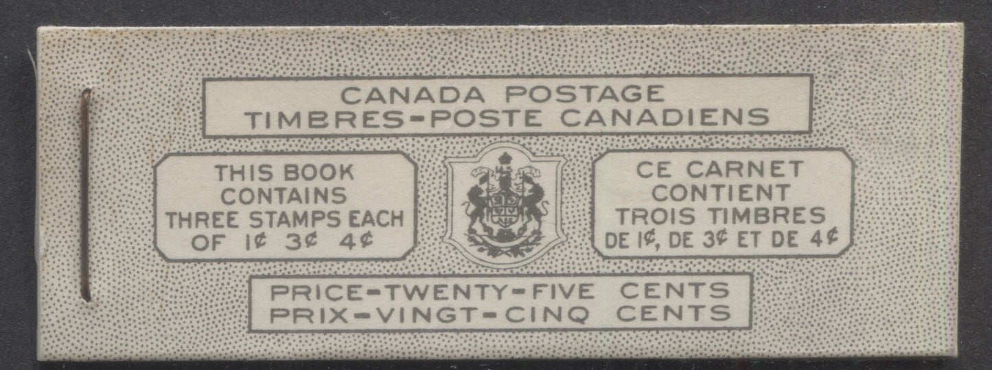 Canada #BK44aB 1949-1951 KGVI Issue, A Complete 25c Bilingual Booklet With 1c Green, 3c Rose Violet & 4c Orange, Panes Of 3. Front Cover VIl, Back Cover Lxv, Type II Cover, No Rate Page, 992,000 Issued