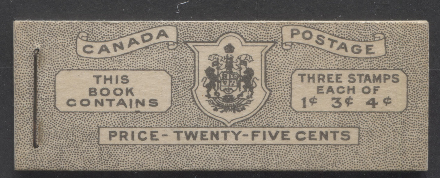 Canada #BK38aE 1942-1947 War Issue, A Complete 25c English Booklet With 1c Green, 3c Rose Violet & Dark Carmine, Panes Of 3. Front Cover IVd, Back Cover Haiv, Type II Cover, 7c & 6c Rates, 'Postmaster' One Word, Old Card Stock, 5,464,000 Issued