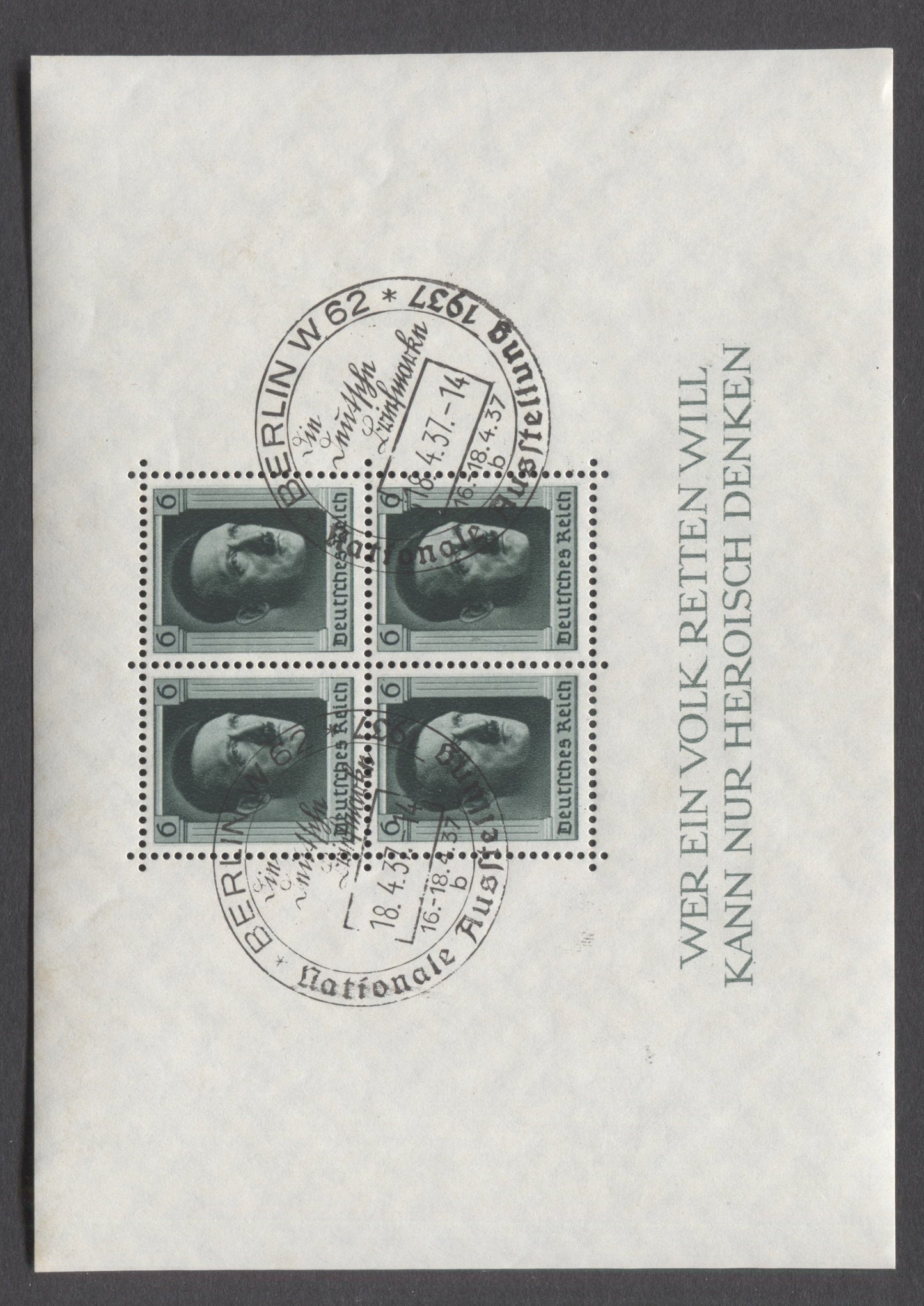 Germany SC#B102 (Mi7) 6pf Greenish Black 1937 Hitler's 48th Birthday Semi Postals, Dated April 18, 1937, Full NH Gum, With Commemorative Berlin W62 Cancel, A VFCTO Souvenir Sheet, Estimated Value $30 USD