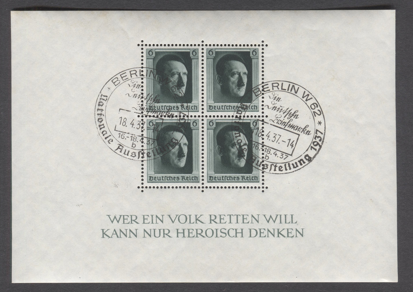 Germany SC#B102 (Mi7) 6pf Greenish Black 1937 Hitler's 48th Birthday Semi Postals, Dated April 18, 1937, Full NH Gum, With Commemorative Berlin W62 Cancel, A VFCTO Souvenir Sheet, Estimated Value $30 USD