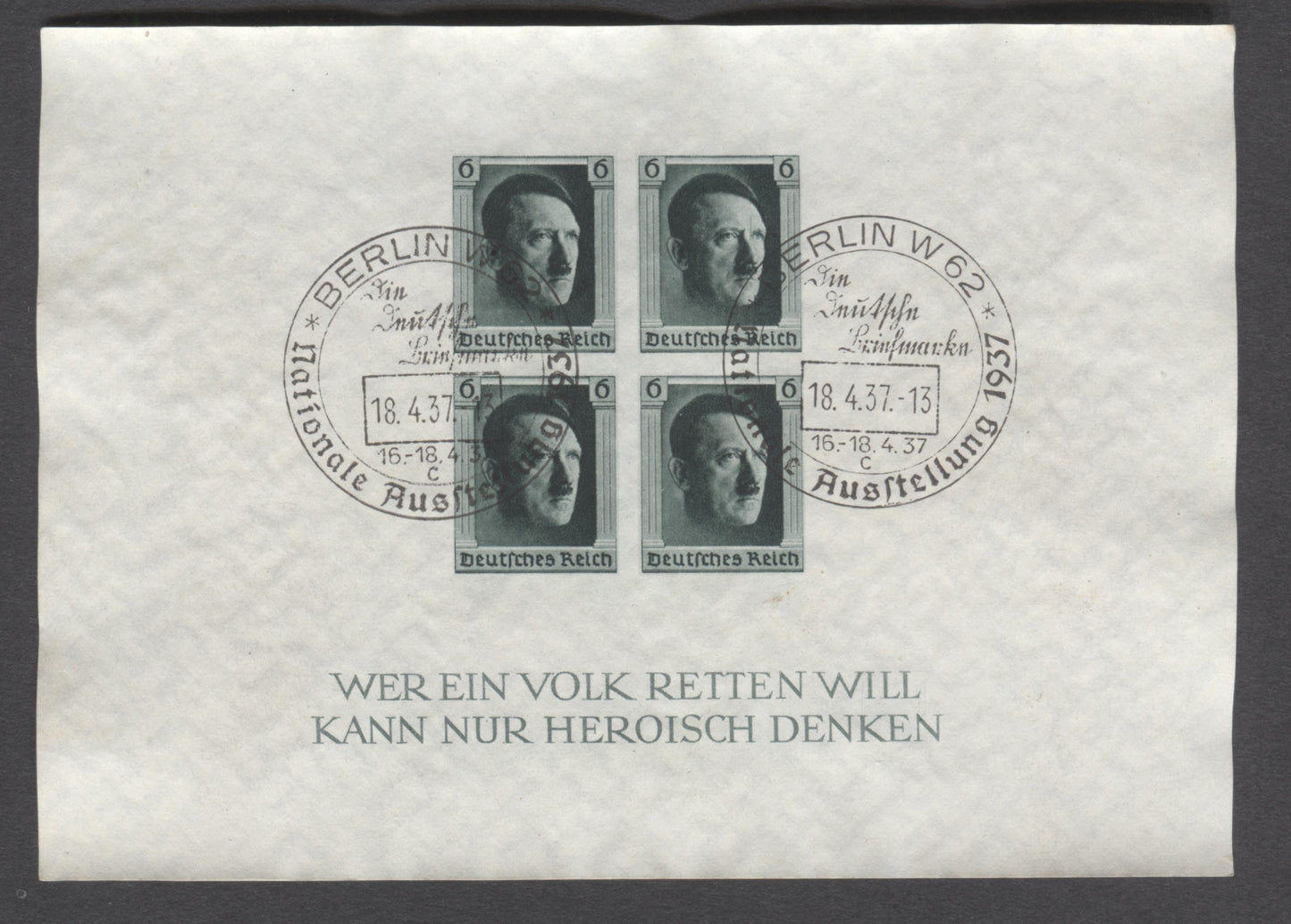 Lot 70 Germany SC#B103 (Mi8) 6pf Greenish Black 1937 Philatelic Exhibition Issue, With Commemorative Berlin W62 Cancel, A Very Fine Used Imperforate Souvenir Sheet, 2022 Scott Classic Cat. $24 USD
