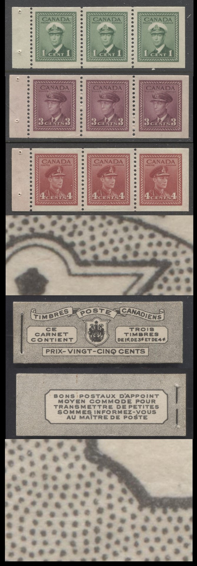 Lot 30 Canada #BK38aF 1942-1947 War Issue, A Complete 25c French Booklet With 1c Green, 3c Rose Violet & Dark Carmine, Panes Of 3. Front Cover Vc, Back Cover Jviii, Type II Cover, 7c & 6c Rates, Short 1c Pane, 496,000 Issued