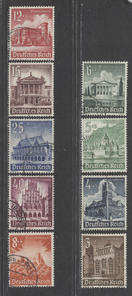 Germany SC#B177 (Mi751)-B185 (Mi759) 1940 Winter Relief Buildings Semi Postals, 9 Very Fine Used Singles, Click on Listing to See ALL Pictures, 2022 Scott Classic Cat. $15.45 USD